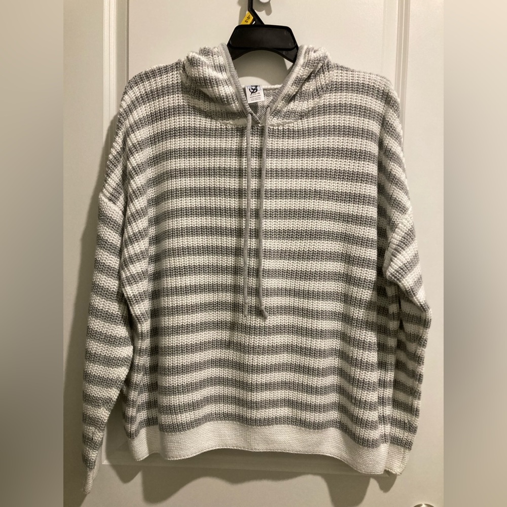 Oversized Relaxed Waffle Knit Sweater with Hood Time and Tru Grey Stripe Size XL